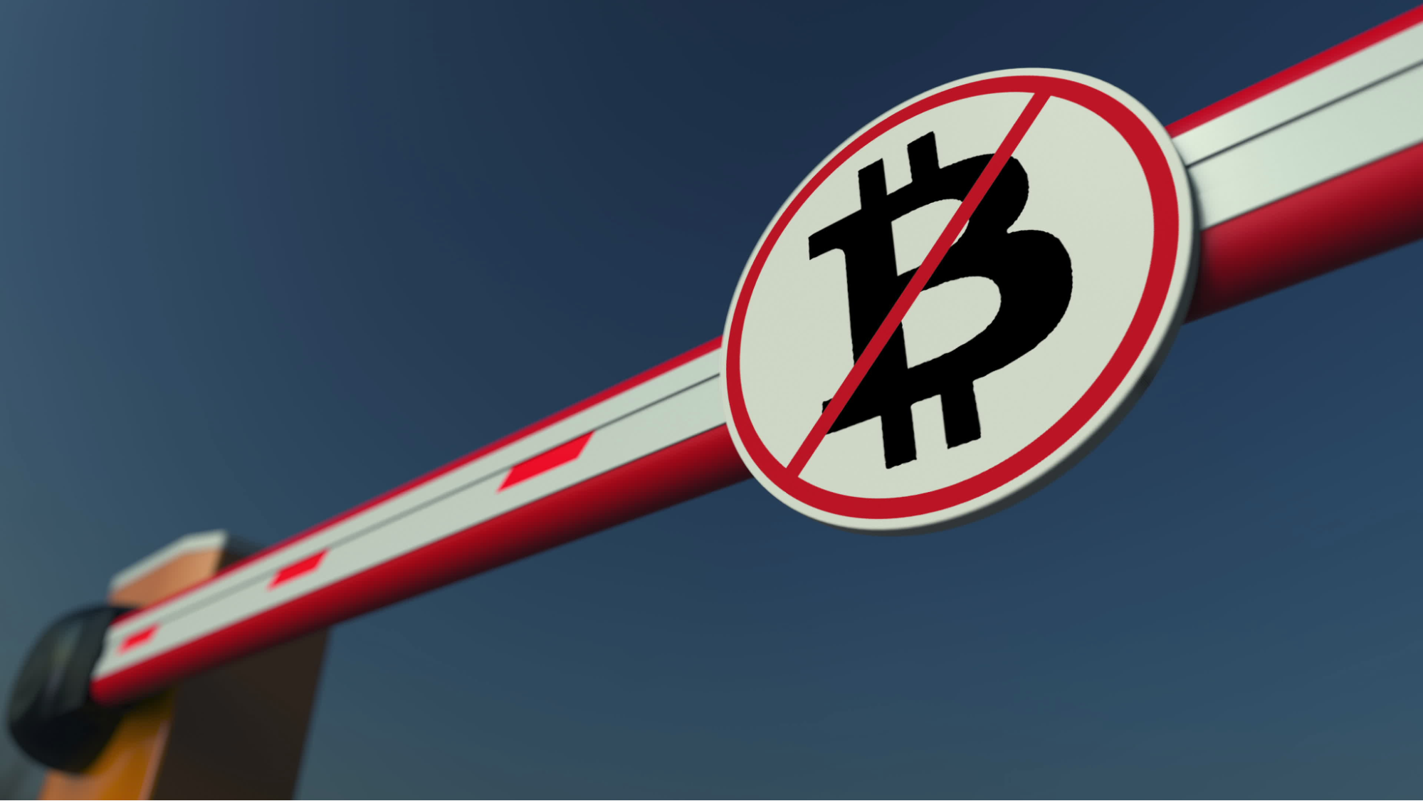 Символическое изображение запрета Bitcoin, шлагбаум с запрещающим знаком